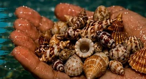 Whelk and cone shells collected on a night shelling tour on Florida's Gulf Coast